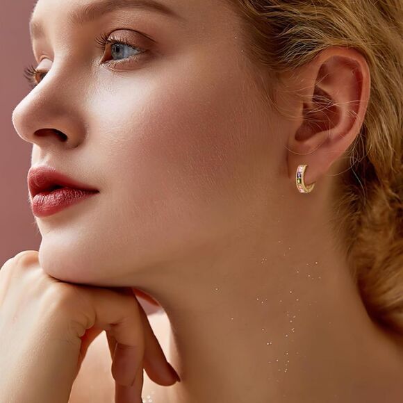 14K Yellow Gold with Multicolored Cubic Zirconia Princess Cut Huggie Earrings - Picture 4 of 5